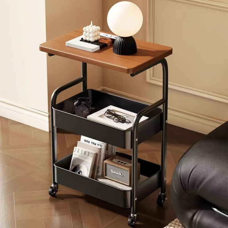 Movable Double-Layer Coffee Table Trolley Side Table Living Room Sofa Storage Wheeled Tea Table Bedroom Storage Rack Small Table