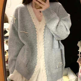 法式宽松温柔风v领蓝色毛衣开衫外套女秋季蝴蝶结蕾丝边针织上衣