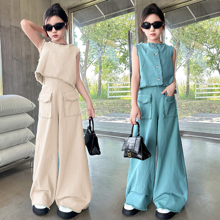 女童网红夏装复古小香风套装女孩无袖上衣中大童棉麻阔腿裤两件套