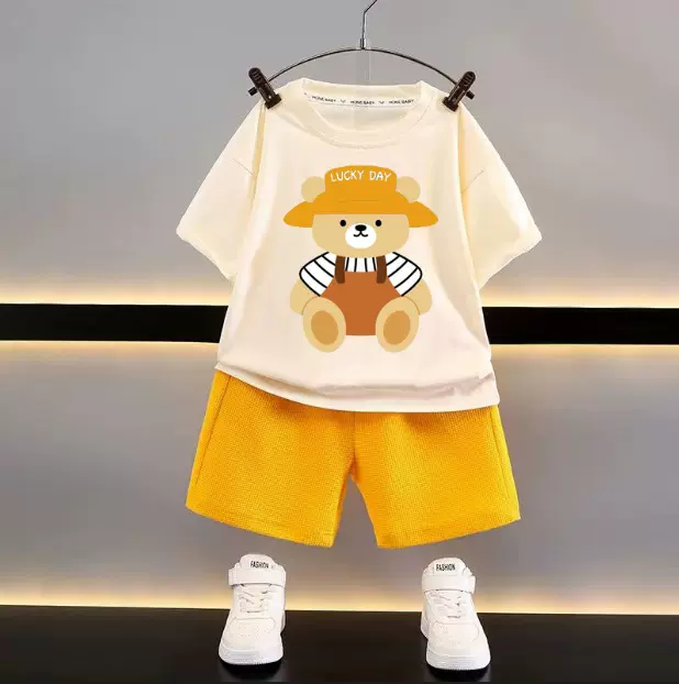 新款童装夏季儿童套装休闲宽松衣服男童短袖华夫格宝宝夏季批发