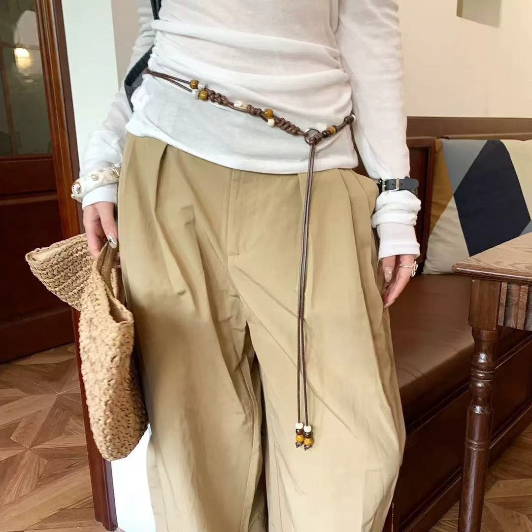 Bohemian Woven Thin Belt for Women, Retro New Chinese Ethnic Style, Niche Beaded Waist Rope for Dress Decoration