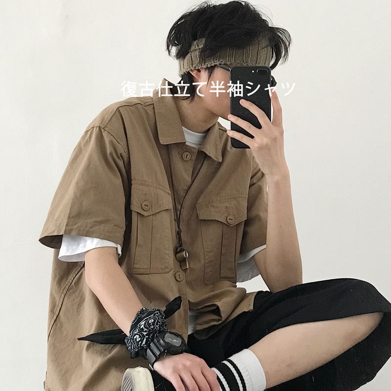 复古工装衬衫男港风日系短袖潮牌帅气休闲宽松外套五分袖衬衣男女