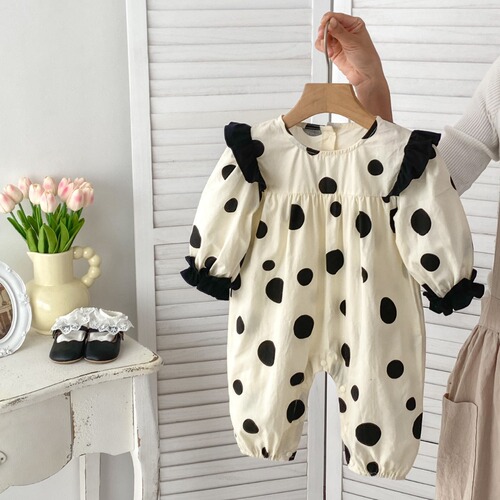 INS Spring New Baby Onesie Korean Style Girls' Baby Polka Dot Long Sleeve Pajama Suit Outwear Thin Climbing Suit