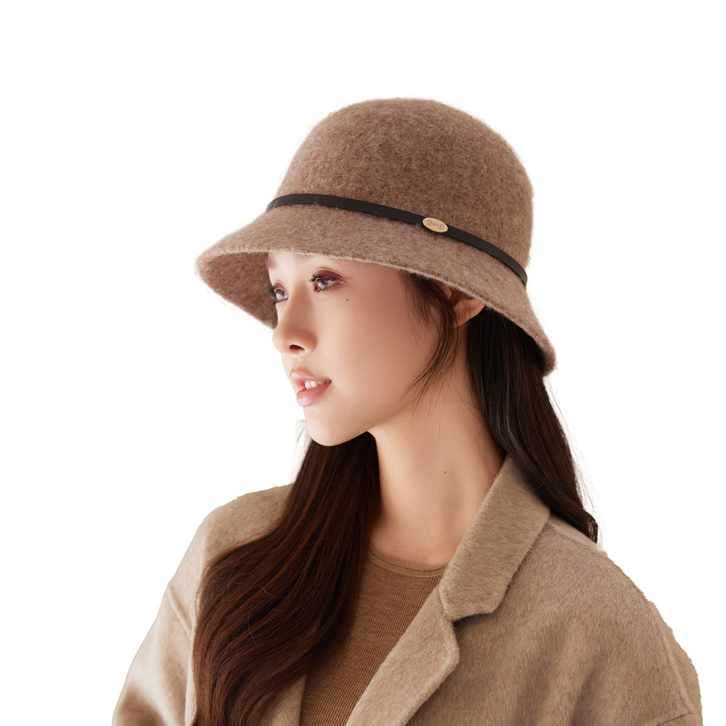 秋冬新款羊毛呢圆顶渔夫帽女显脸小优雅皮带毡帽户外保暖时尚帽子|undefined