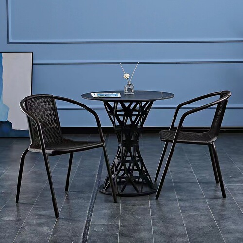 Outdoor Black Table and Chair Set with Waterproof Woven Chair, Leisure Balcony Courtyard Iron Garden Wicker Outdoor Terrace Suite