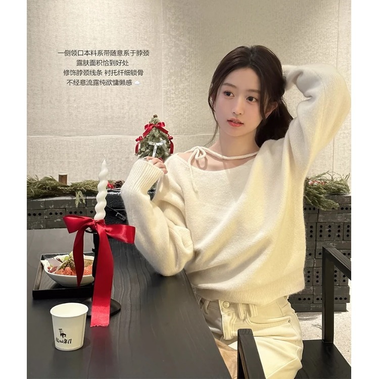 粉色毛衣女秋冬新款韩系气质时尚圆领系带设计宽松慵懒软糯针织衫|undefined