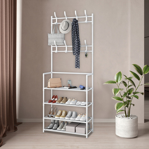Floor-standing coat and hat rack with integrated shoe and hat storage, plus a versatile storage shelf—perfect for hanging bags and shoes in the living room or bedroom.