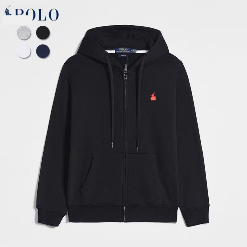 Ralph Lauren jacket with pony logo, men's hooded sweatshirt, autumn and winter style, fleece-lined zip-up cardigan, men's sweatshirt with a high-end feel