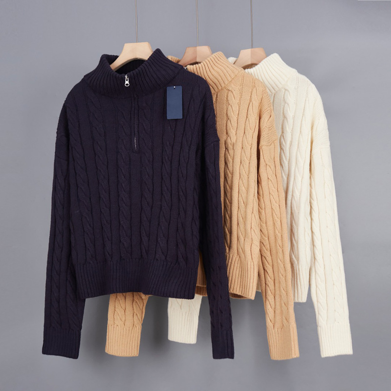 2025 American Single Embroidery Thick Needle Cable Cotton Thread Half Zipper Stand Collar Dropped Shoulder Sleeve Sweater