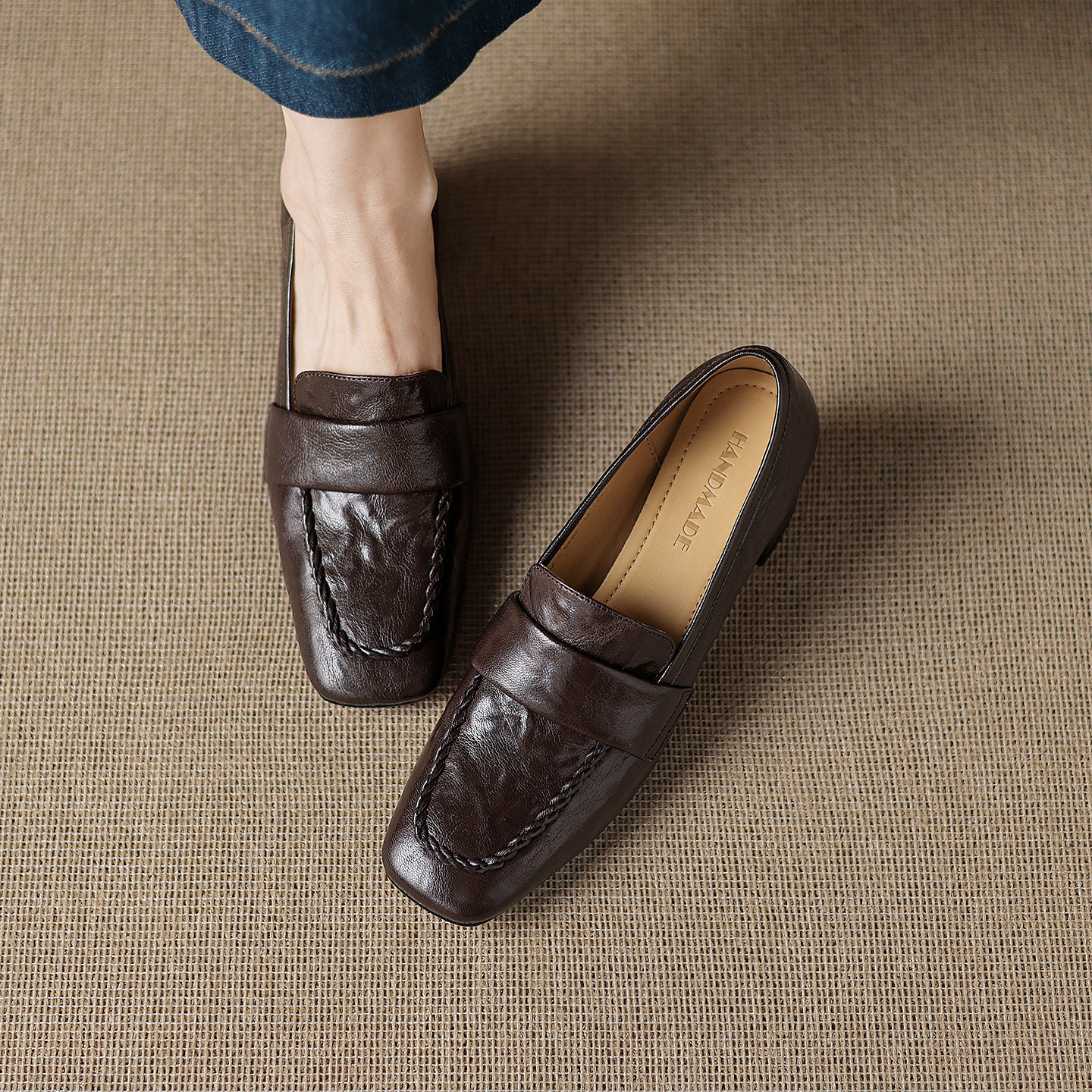 Giày cao gót nữ mũi nhọn da dê 5cm — màu nâu