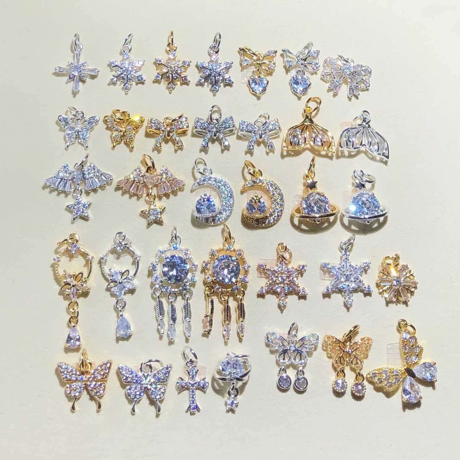 14k包金保色水晶diy配件锆雪花蝴蝶结星月吊坠手链项链串珠饰品