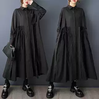 实拍秋装新款暗黑风不规则收腰大码长袖衬衫裙时尚宽松连衣裙外搭