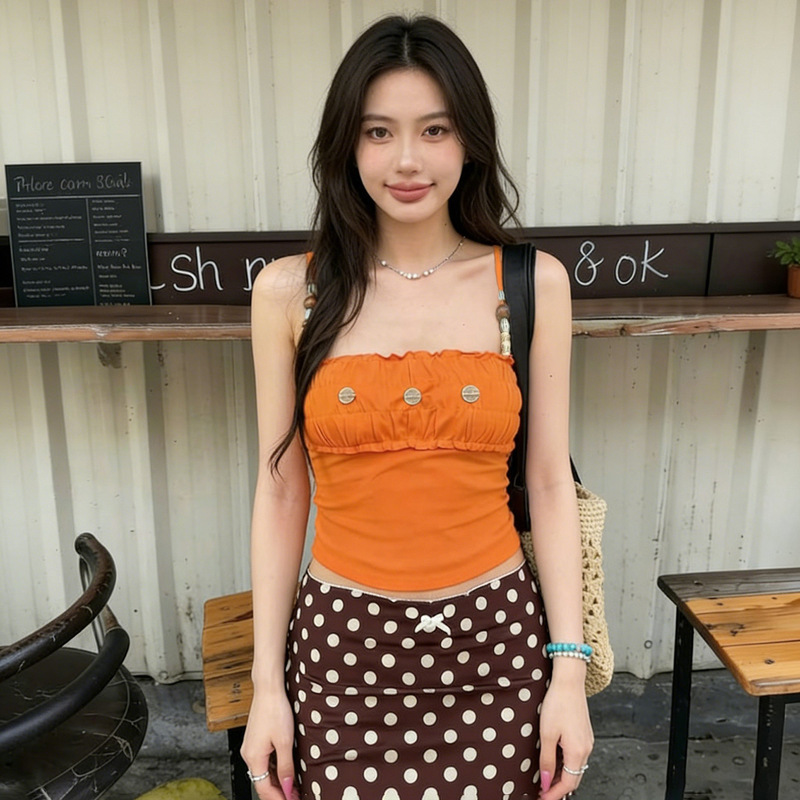 Fresh and Colorful Summer Dopamine-Style Beaded Off-Shoulder Halter Top with Ruffled Edges and Pleated Bust, Slim-Fit Short Tank Top