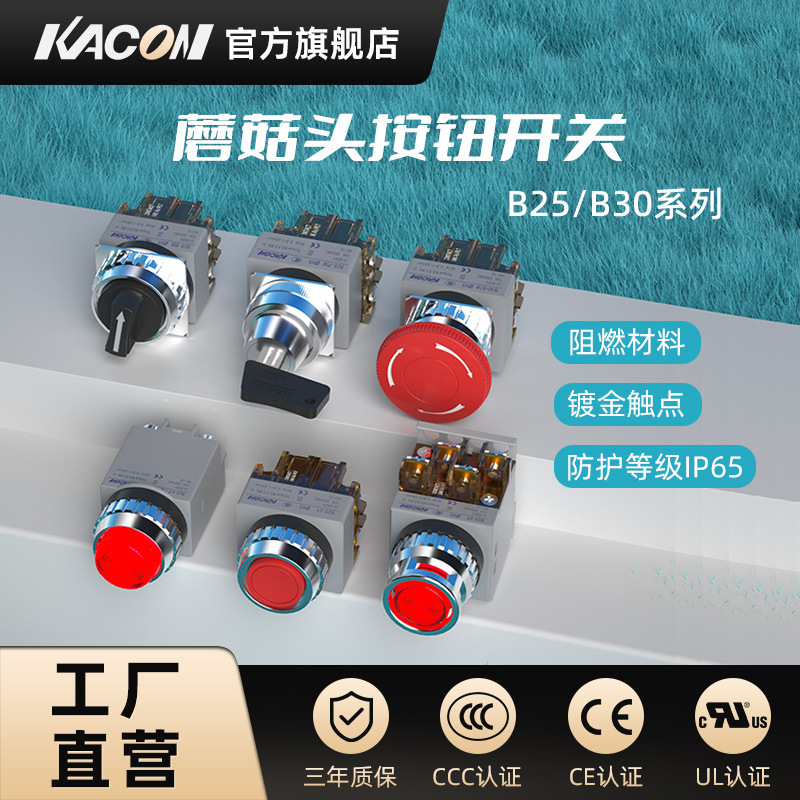 Kaikun Kacon Button Switch Emergency Stop Power Indicator Light Selection Key Metal Mushroom Head Press B25/30