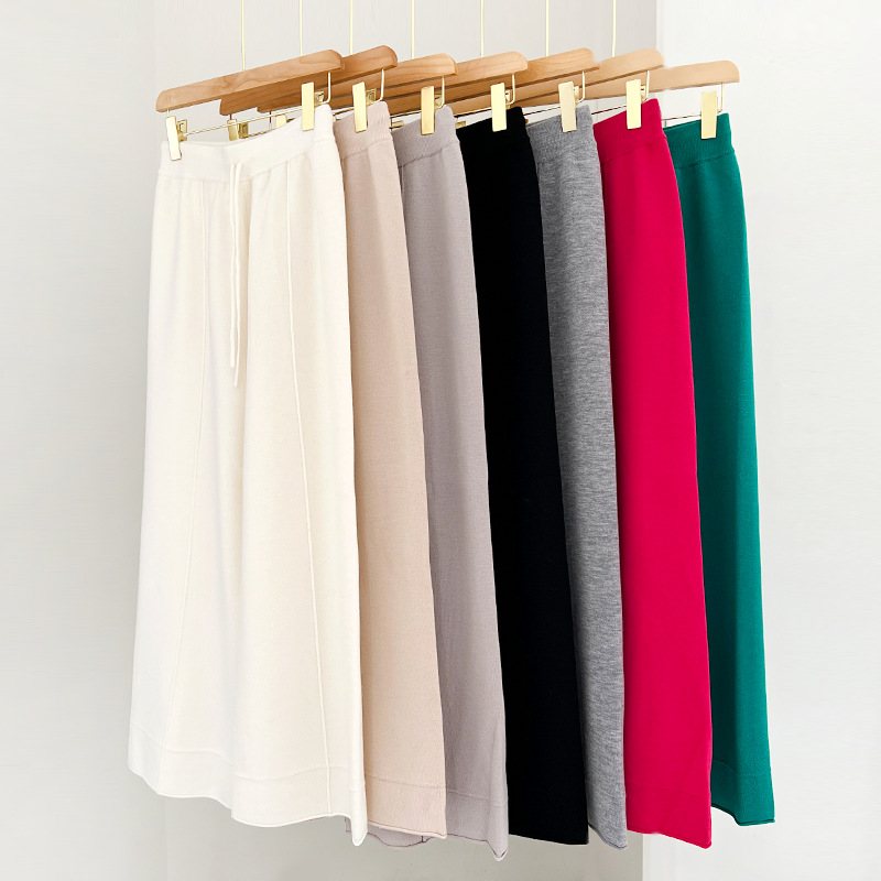 60 PCTS WORSTED CHAO FINE PURE WOOL WIDE LEG PANTS 여성용 외부 착용 4 개의 플랫 바늘 와이드 슬림 느슨한 높은 허리 니트 바지
