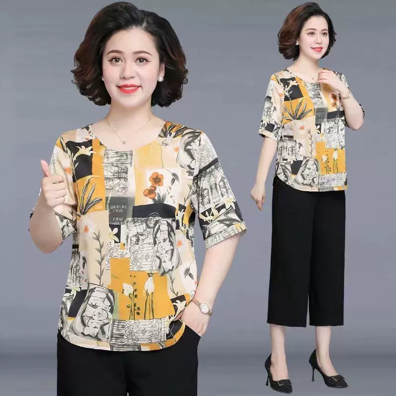 Silk summer clothing for mother, sleeves, summer set, with short sleeve, western style