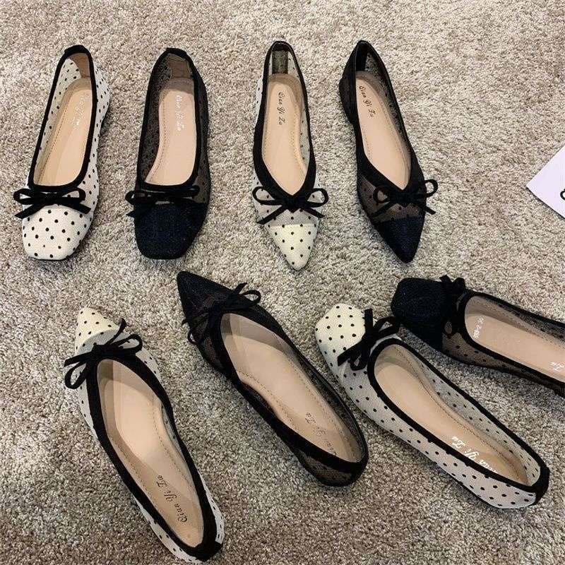 플랫 바닥 폴카 도트 메쉬 요정 신발 여름 뾰족한 나비 매듭 부드러운 바닥 펌프 통기성 여성 신발
