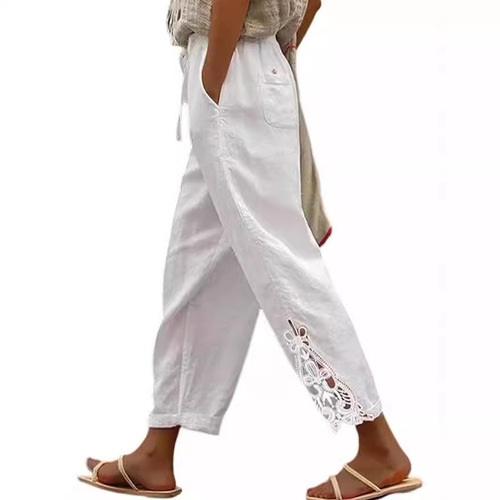 Autumn lightweight casual pants Amazon fashion lace patchwork design high-waisted drawstring pocket rivet button cropped pants