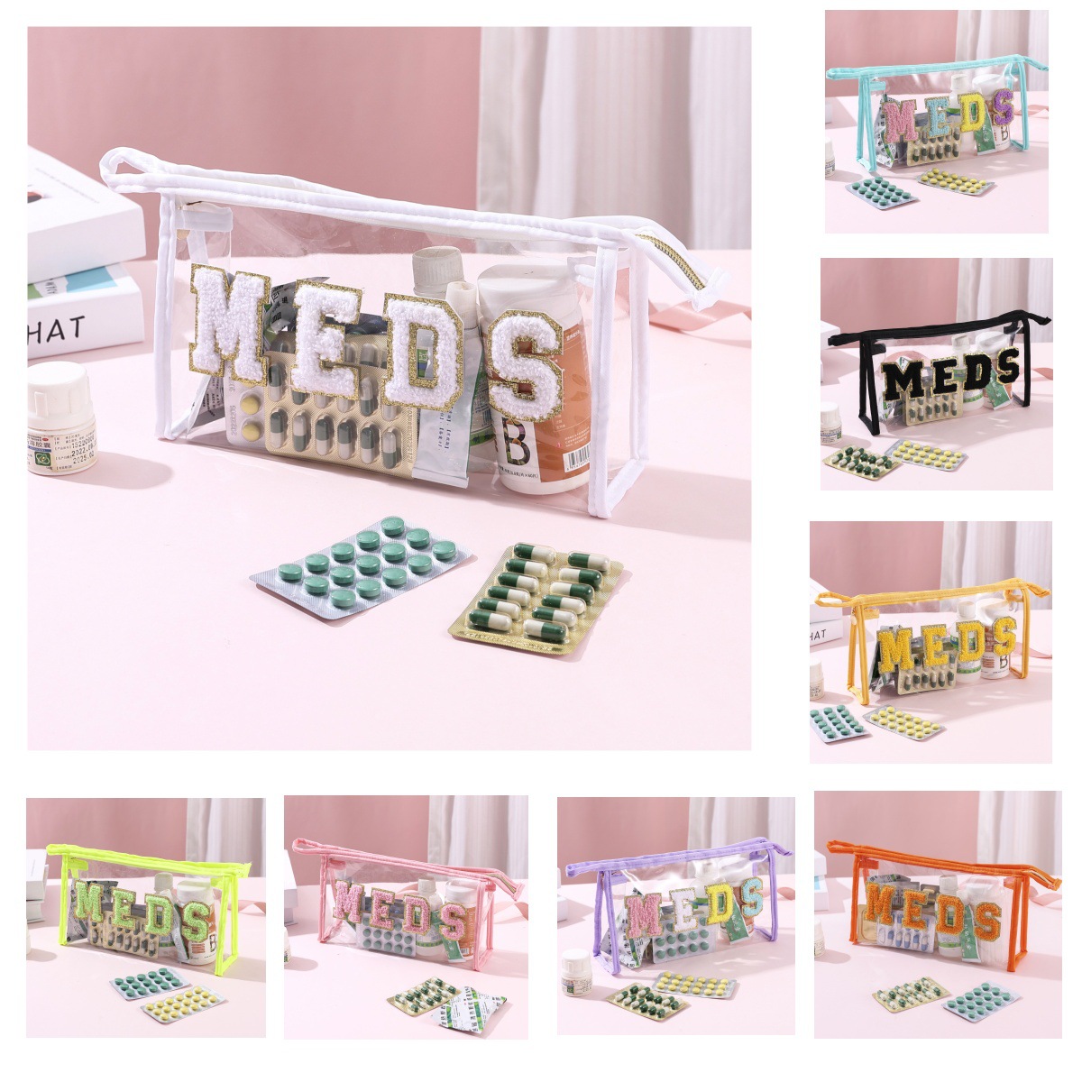 跨境MEDS药箱手拿包透明PVC防水收纳包刺绣字母化妆包便捷洗漱包