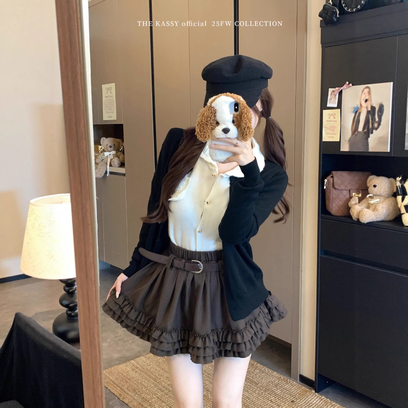 2025新款韩系甜美木耳边拼接显瘦半身裙女早秋季防走光a字短裙子|undefined