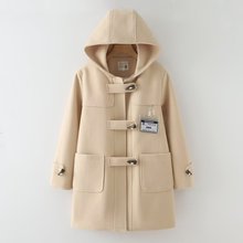 秋冬装 日系牛角扣呢子大衣 纯色连帽毛呢外套防风中长款大衣女