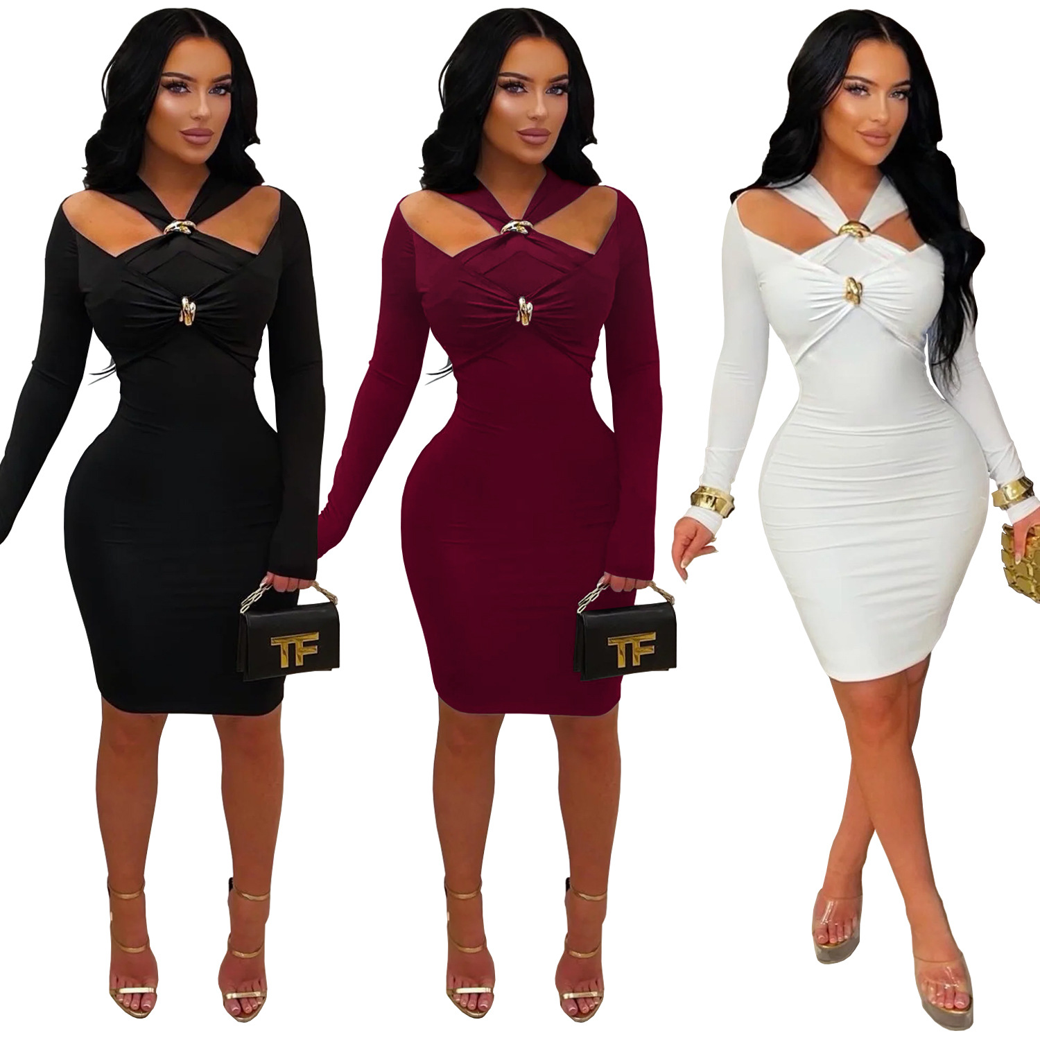 C7627 Aliexpress transfronterizo Amazon Europa y América moda de mujer temperamento hombro abierto delgado bolsas de cadera vestido sólido image 6