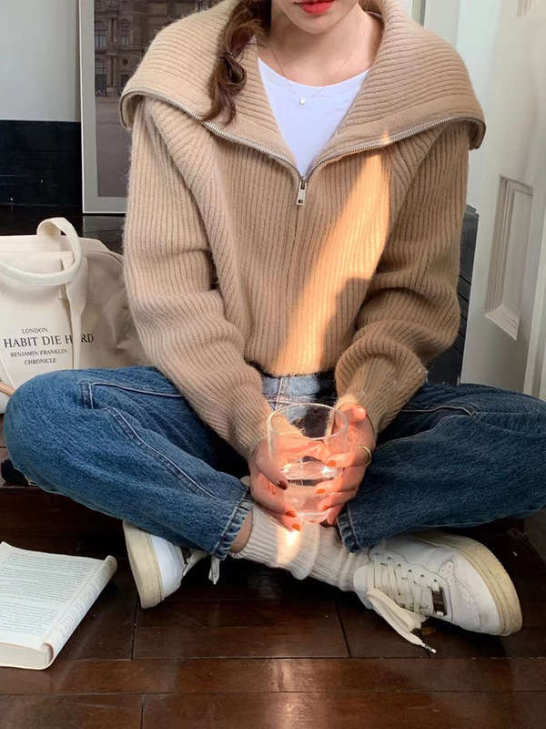 毛衣外套女开衫秋季新款韩系大翻领拉链纯色慵懒软糯宽松版针织衫|undefined
