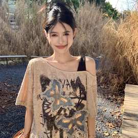 大码女装一字领不规则吊带宽松慵懒风设计感上衣夏季新款T恤小衫