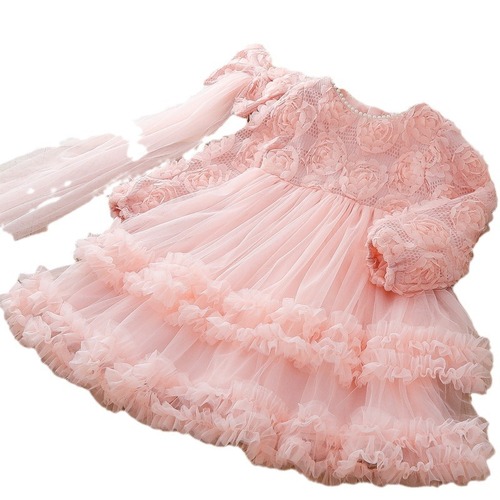 亚马逊跨境新款2024春装童裙中大童玫瑰花朵tutu公主裙生日礼服裙