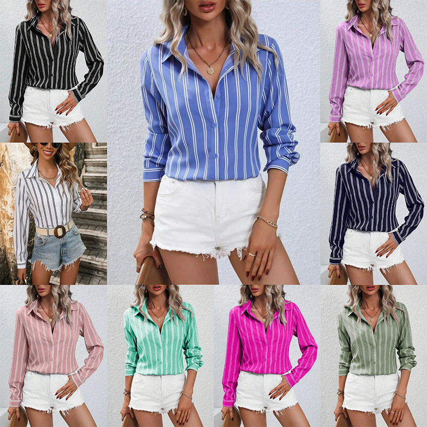 Spring and Summer European and American Amazon Cross-Border Foreign Trade Women's New Commuter Style Fashion Striped Loose Shirt Women's Long Sleeves