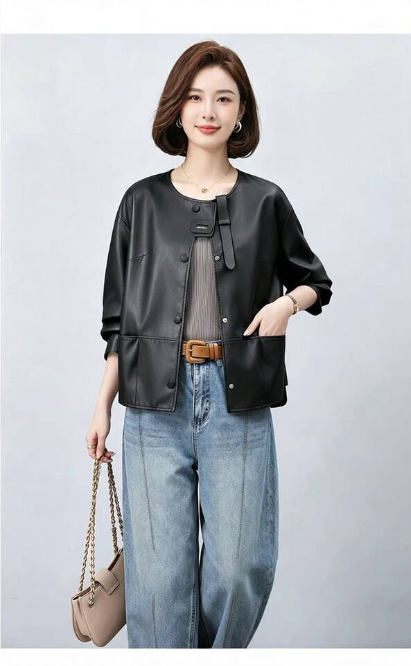 Áo khoác da nữ dáng ngắn ôm vừa, cổ lập, tay dài, phong cách thanh lịch — Cam Hermès, đen chi tiết 19