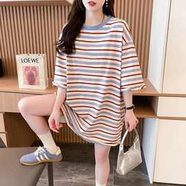 纯棉美式复古条纹中长款短袖t恤女夏季新款宽松大码胖mm显瘦时尚