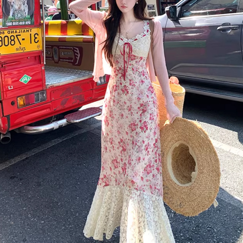 Vintage Rose/Long Lace-Up Floral Waist-Cinching A-Line Dress for Women, Summer French Style Dress, 2026 New Product Vintage Rose/Long Lace-Up Floral Waist-Cinching A-Line Dress for Women, Summer French Style Dress, 2026 New Product