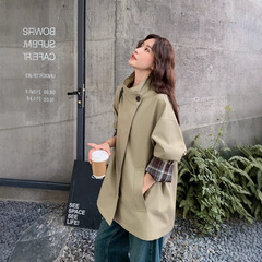卡其绿格子撞色拼接英伦风外套女2025春秋新款正流行韩系极简风衣