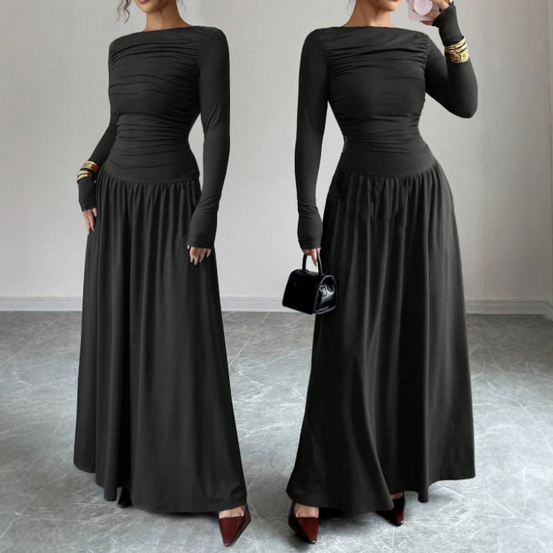New Autumn European and American Amazon Cross-Border Women's Long-Sleeve Long Dress Knitted Casual Slimming Swing Pleated Dress New Autumn European and American Amazon Cross-Border Women's Long-Sleeve Long Dress Knitted Casual Slimming Swing Pleated Dress