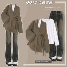 秋冬季套装女2025新款大码女装气质韩系外套打底衫牛仔裤三件套潮