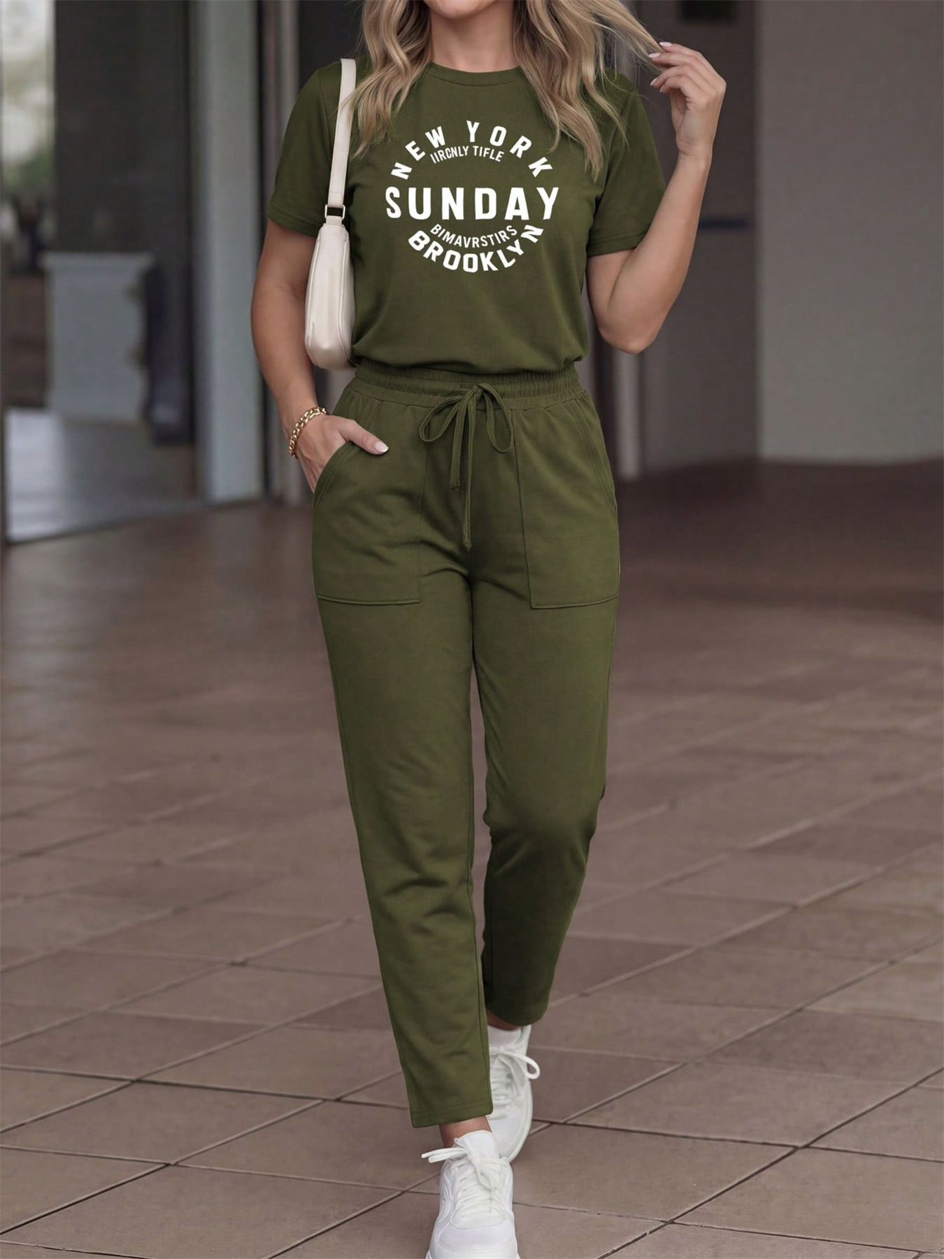 Women's Casual Suit Spring/Summer Solid Color Letter Print Crew Neck T-Shirt And Drawstring Elastic Waist Trousers Set_ecoleips.com
