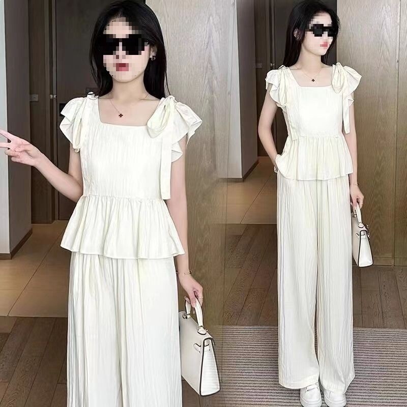 Square-Neck Loose-Fitting Stylish Summer Two-Piece Wide-Leg Pants Set for Women, New 2025