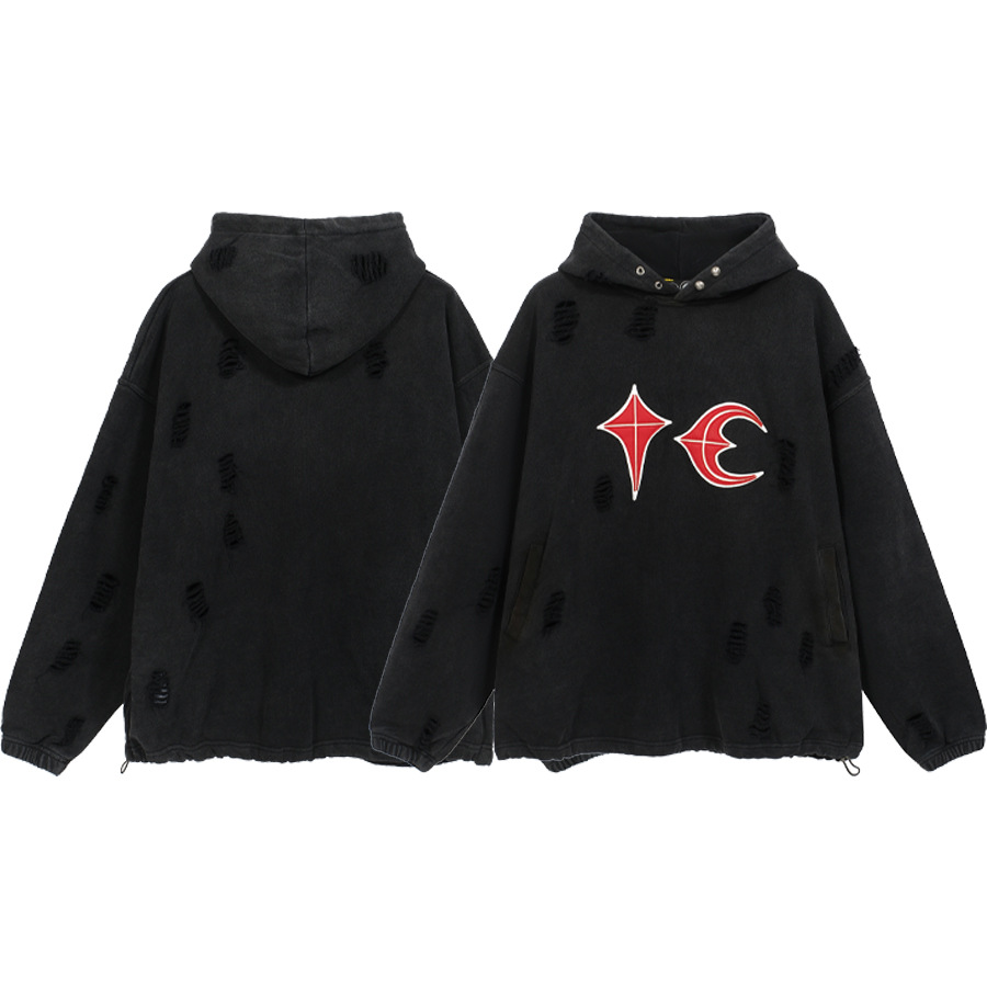 Desmontado Thug Club pu Jai fan mismo estilo pesado dañado lavado de cuero bordado hombres suéter con capucha moda