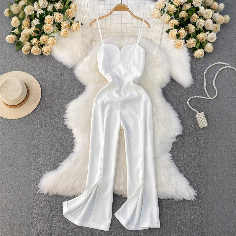 High-End Foreign Trade V-Neck Strap Jumpsuit, Casual High-Waisted Slimming One-Piece, Loose Split Flared Wide-Leg Pants High-End Foreign Trade V-Neck Strap Jumpsuit, Casual High-Waisted Slimming One-Piece, Loose Split Flared Wide-Leg Pants