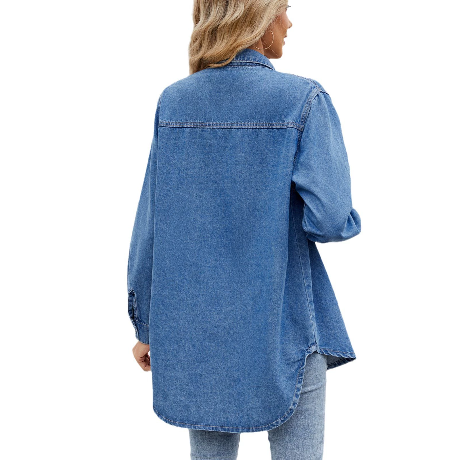 Women's washed denim long-sleeve shirt detail 5