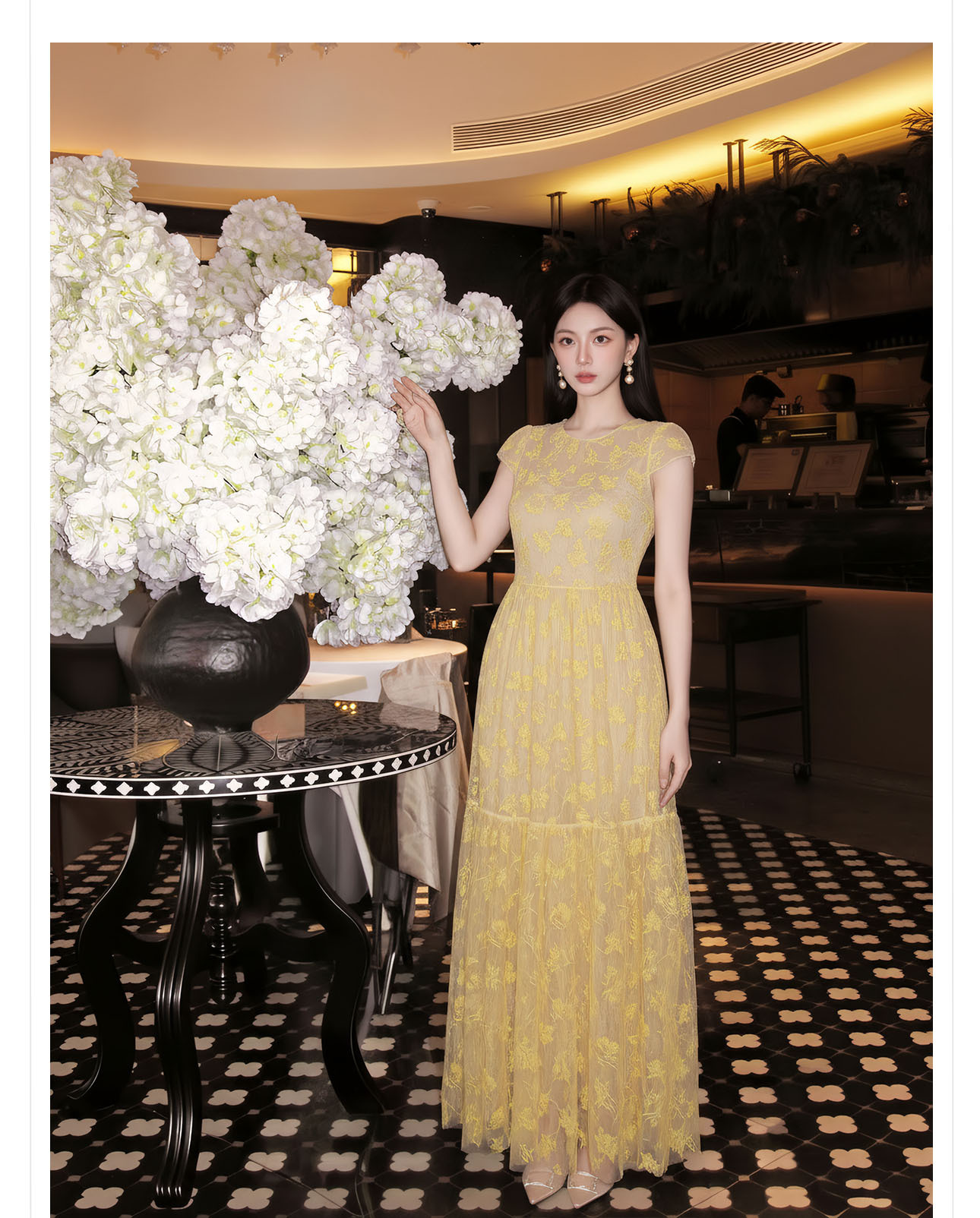 Đầm maxi nữ thêu ren hoa cổ điển tay ngắn thắt eo — màu sắc chi tiết 5