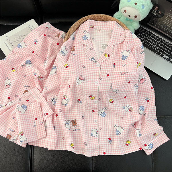 Al por mayor transfronterizo 2026 nuevo pijama de mujer nubes de algodón pantalones de manga larga cardigan con solapa de dibujos animados ropa para el hogar se puede usar fuera