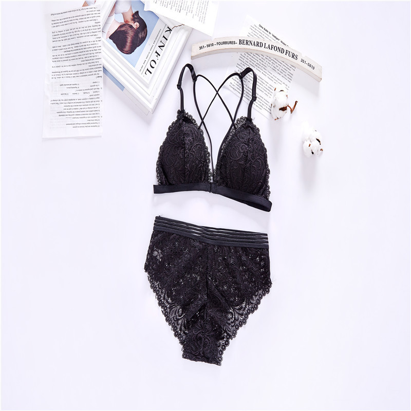 New thin bra set with sexy front buckle lace triangle cup cross beautiful back strap for women's underwear_voghion.com