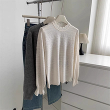 云朵般柔顺~花边半高圆领蕾丝提花针织衫女秋冬百搭减龄打底衫