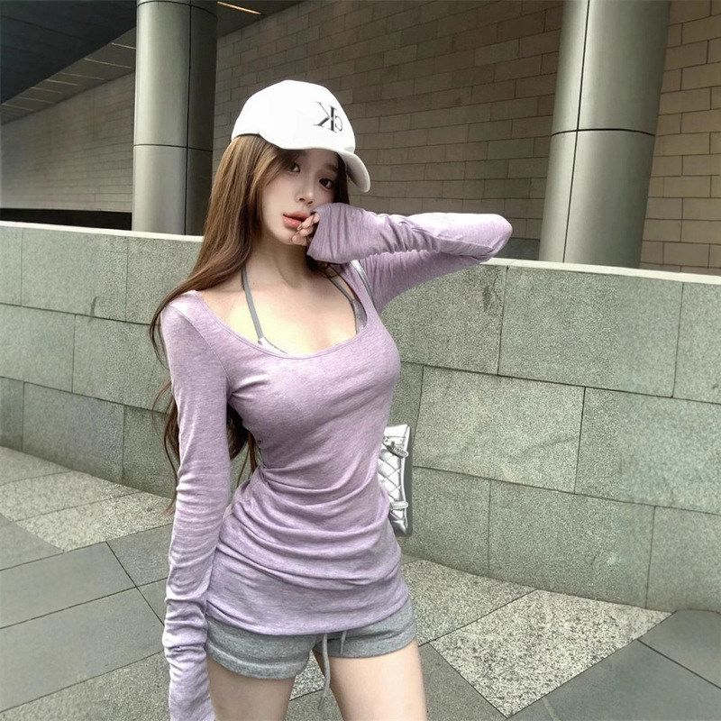 Korean Style Purple Large Neckline Right Shoulder Long-Sleeved T-Shirt for Women Autum Sexy Slim Slim Casual Sun Protection Top Korean Style Purple Large Neckline Right Shoulder Long-Sleeved T-Shirt for Women Autum Sexy Slim Slim Casual Sun Protection Top