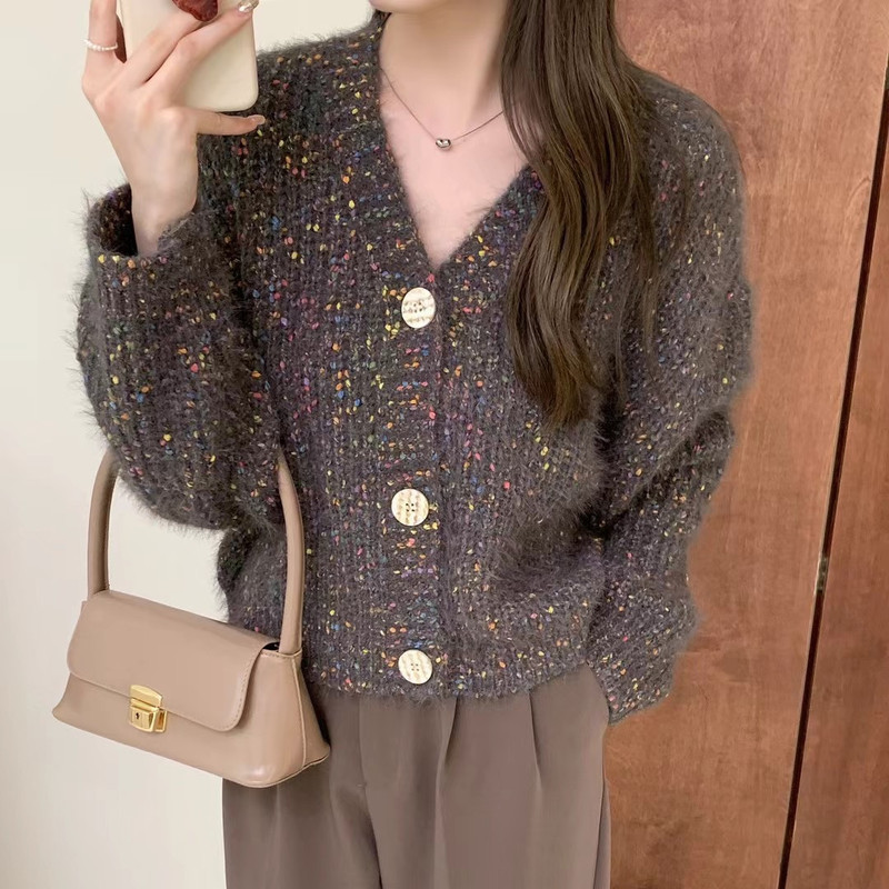 复古彩点毛衣外套上衣女2025秋冬新款慵懒宽风松软糯花线针织开衫|undefined