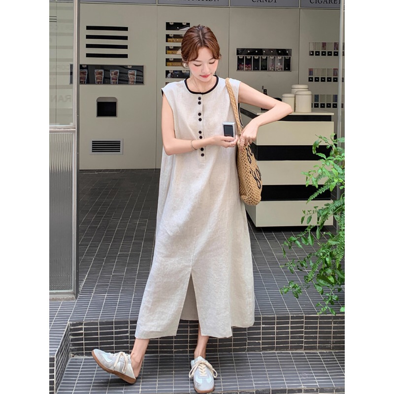 Beige Gentle and Super Nice Thin Sleeveless Vest Long Skirt New Elegant Slimming Look Slit Cotton and Linen Dress for Women Summer