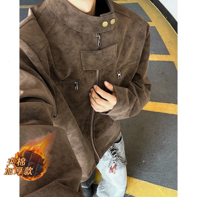 Cleanfit tie-dye shoulder leather jacket, men's spring/autumn stand-up collar Harrington jacket, American retro baseball jacket