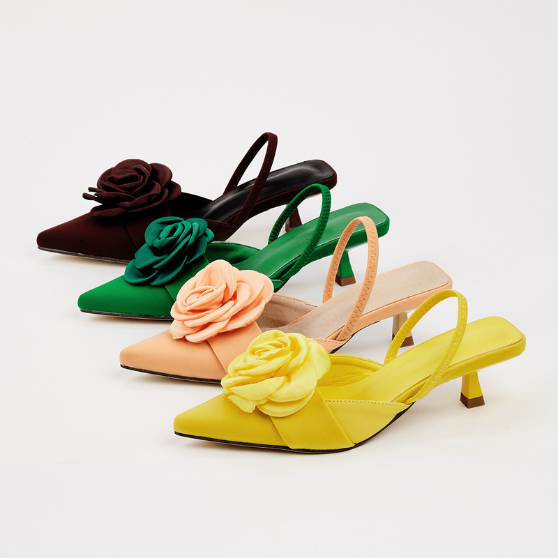 Cross-Border Three-Dimensional Flower Decoration Kitten Heel Shoes for Women Elegant Toe-Back Hollow Mule Sandals Size 43 Wholesale